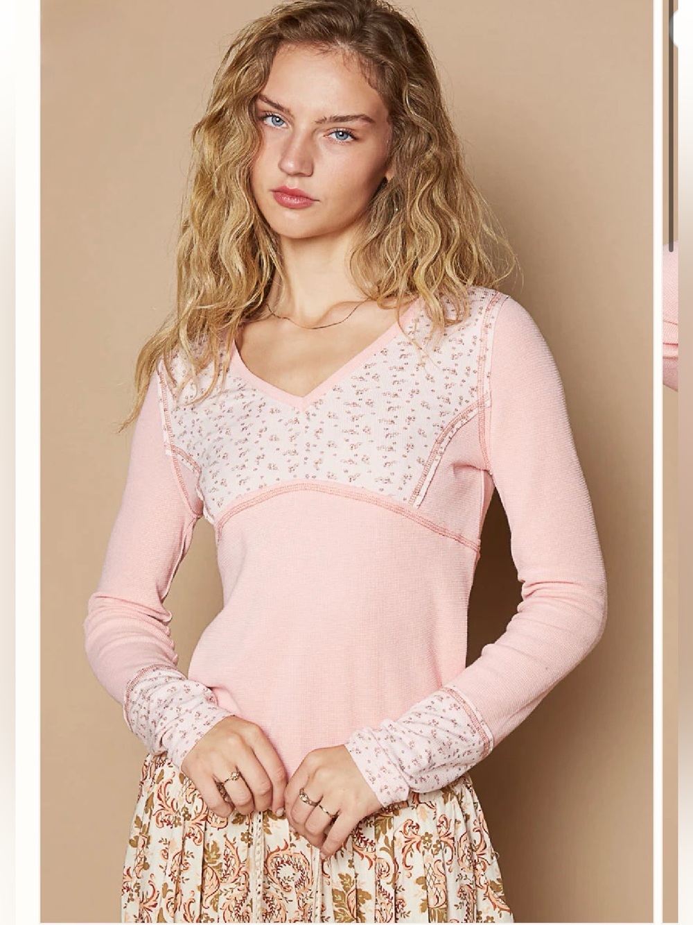 New: POL “Rose” Boho Baby Pink Contrasting Ditsy Floral Print Long Sleeve Top• S